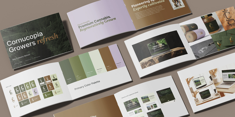 Brand identity refresh for Cornucopia Growers showcasing logo system, color palette, packaging concepts, website designs, and premium cannabis branding applications.
