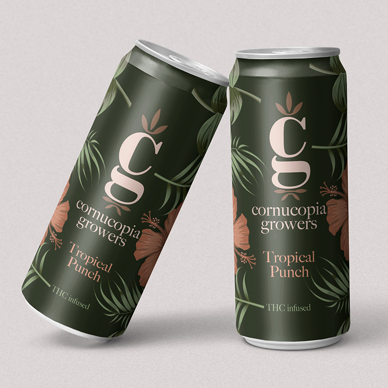 THC-infused Tropical Punch beverage can packaging design for Cornucopia Growers featuring botanical illustrations and premium tropical branding.