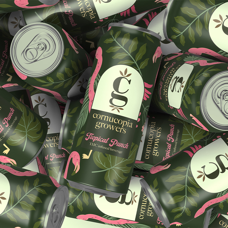 Collection of Cornucopia Growers Tropical Punch THC beverage cans with vibrant botanical packaging design and tropical-inspired branding.