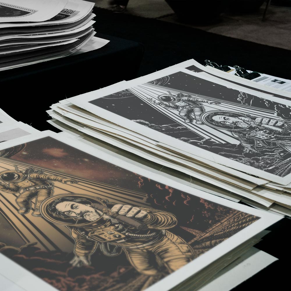 Hellbeing Agency illustration and poster design work for Room101 Johnny Tobacconaut cigars, showing printed poster proofs and production-ready artwork displayed during the creative review process.