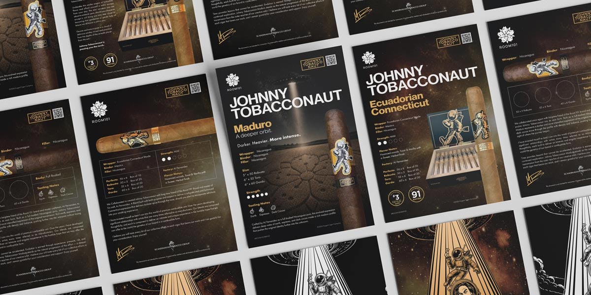Hellbeing Agency retail marketing and point-of-sale design work for Room101 Johnny Tobacconaut cigars, featuring Maduro and Ecuadorian Connecticut clerk cards displayed in a branded grid layout.
