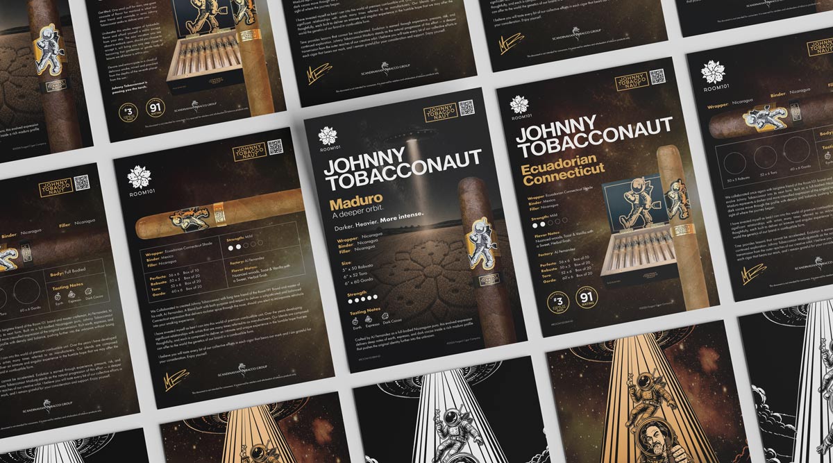 Hellbeing Agency retail marketing and point-of-sale design work for Room101 Johnny Tobacconaut cigars, featuring Maduro and Ecuadorian Connecticut clerk cards displayed in a branded grid layout.
