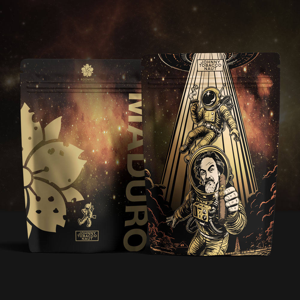 Hellbeing Agency packaging design and brand development for Room101 Johnny Tobacconaut Maduro cigars, featuring custom fresh pack artwork with astronaut illustration, cosmic graphics, and premium retail packaging concepts.