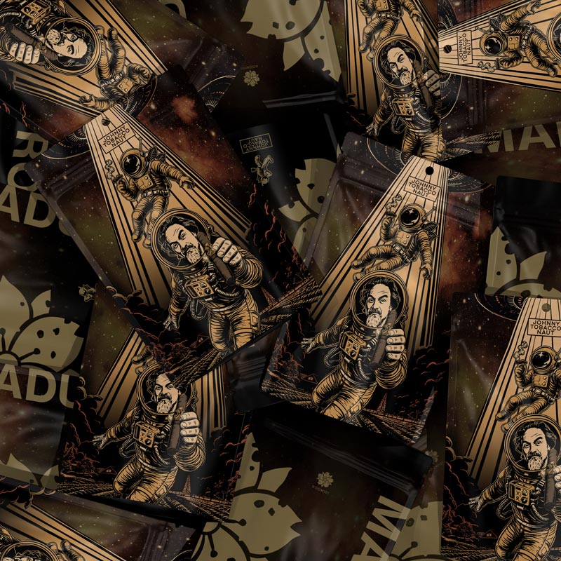 Hellbeing Agency product launch campaign assets for Room101 Johnny Tobacconaut, featuring custom astronaut-themed packaging design arranged in a layered flat lay composition.