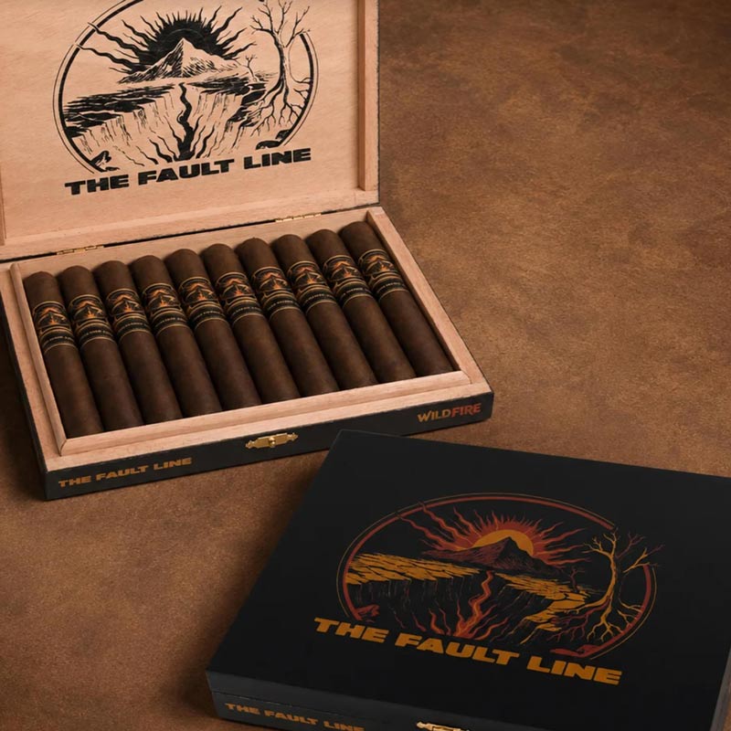 Custom cigar packaging design featuring illustrated box artwork, premium wooden cigar box presentation, and brand identity development for Wildfire Cigars by Hellbeing Agency.