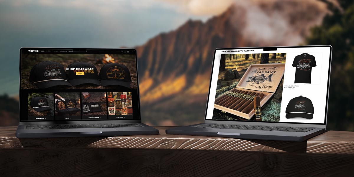 E-commerce website design for Wildfire Cigars showcasing custom merchandise, cigar collections, product photography, and online retail experience created by Hellbeing Agency.