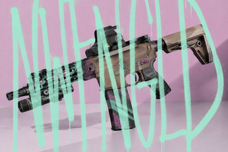 A custom Newfangled Tactical cerakote purple-and-black camo tiger stripe rifle on a pink backdrop, overlaid with mint-green "NWFNGLD" graffiti lettering.