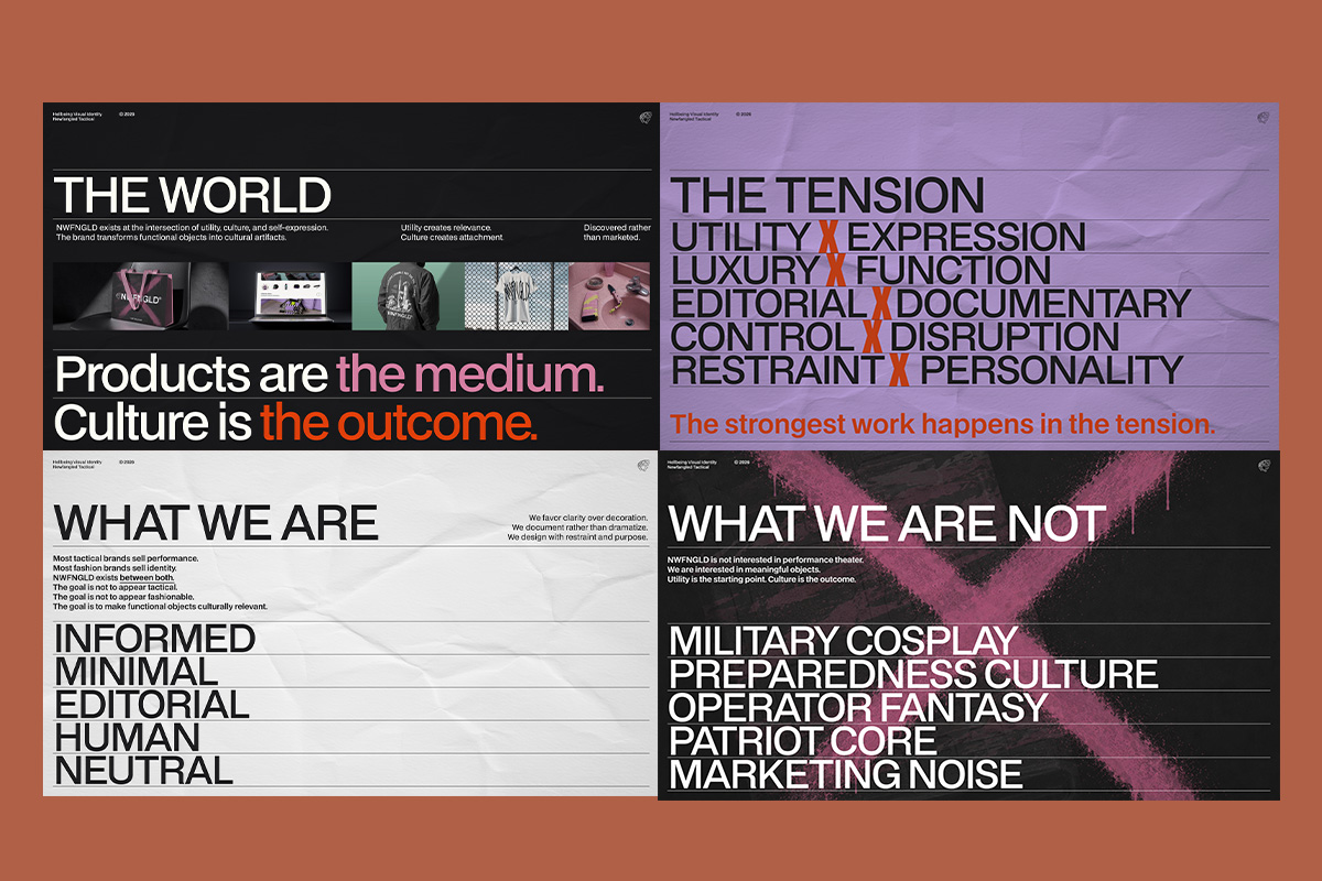 Newfangled Tactical brand guideline spreads: "The World," "The Tension," "What We Are," and "What We Are Not," on a rust-orange background.