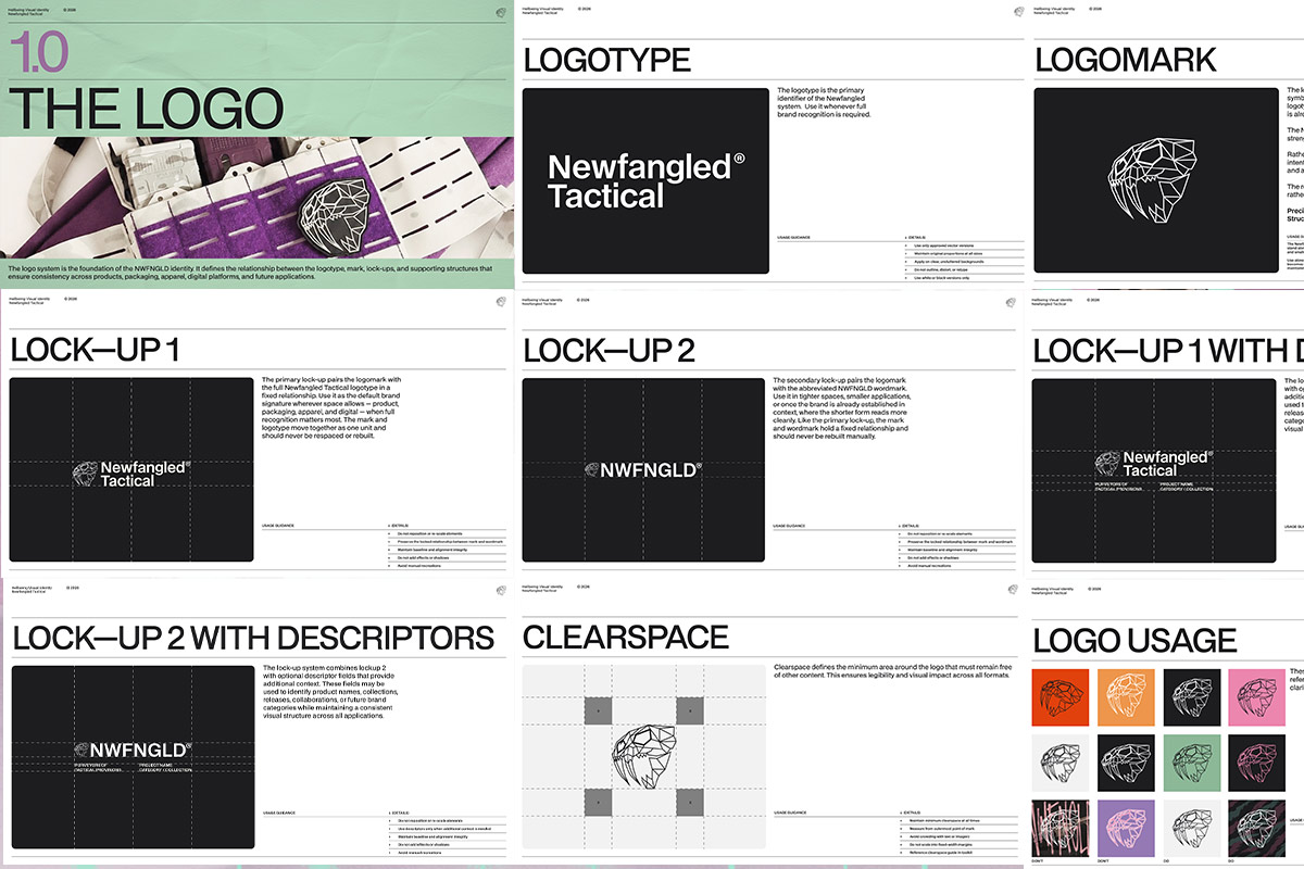 Brand guideline pages for the Newfangled Tactical logo system — logotype, logomark, lock-ups, clearspace, and logo usage variations.