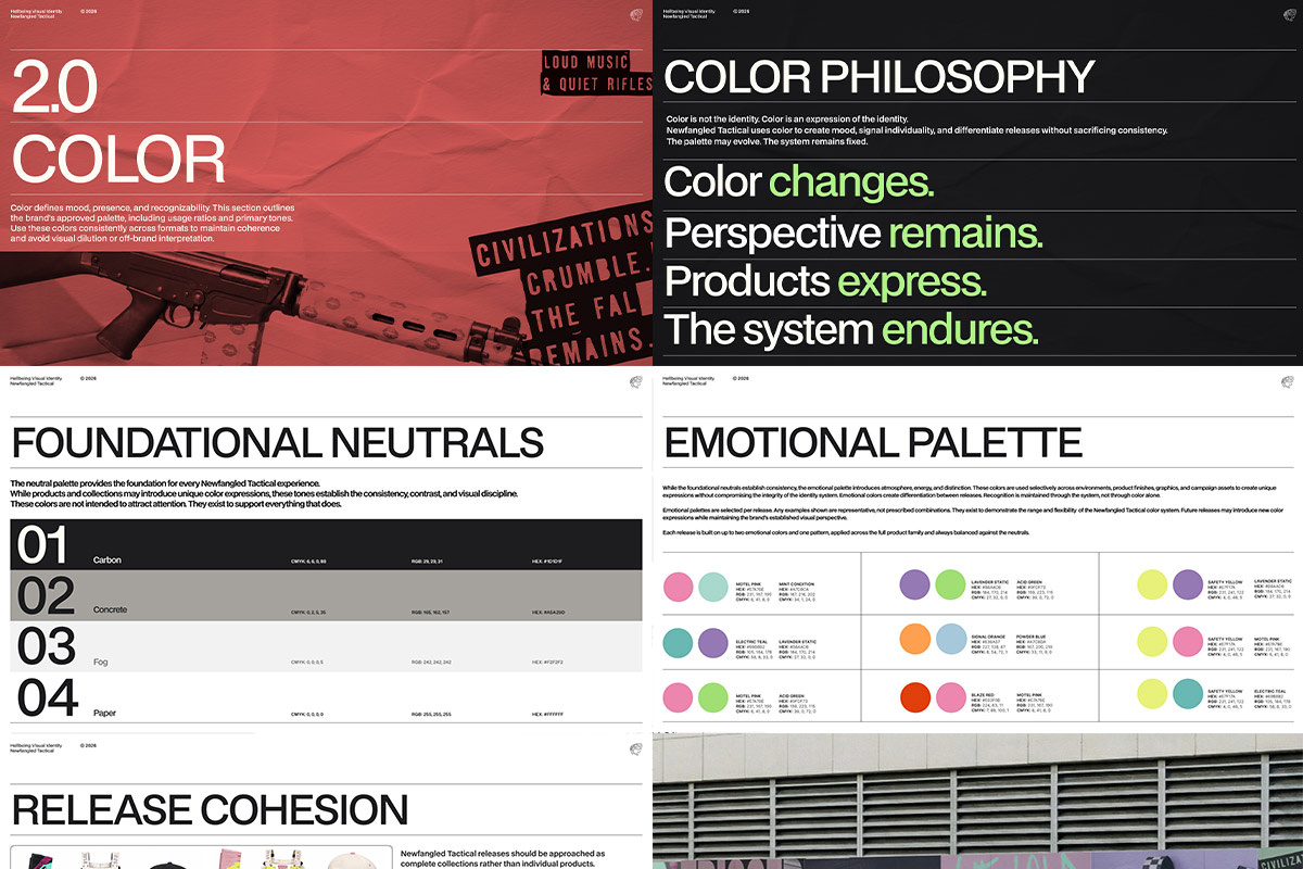 Brand guideline pages for color — color philosophy, foundational neutrals, and the emotional palette swatches.