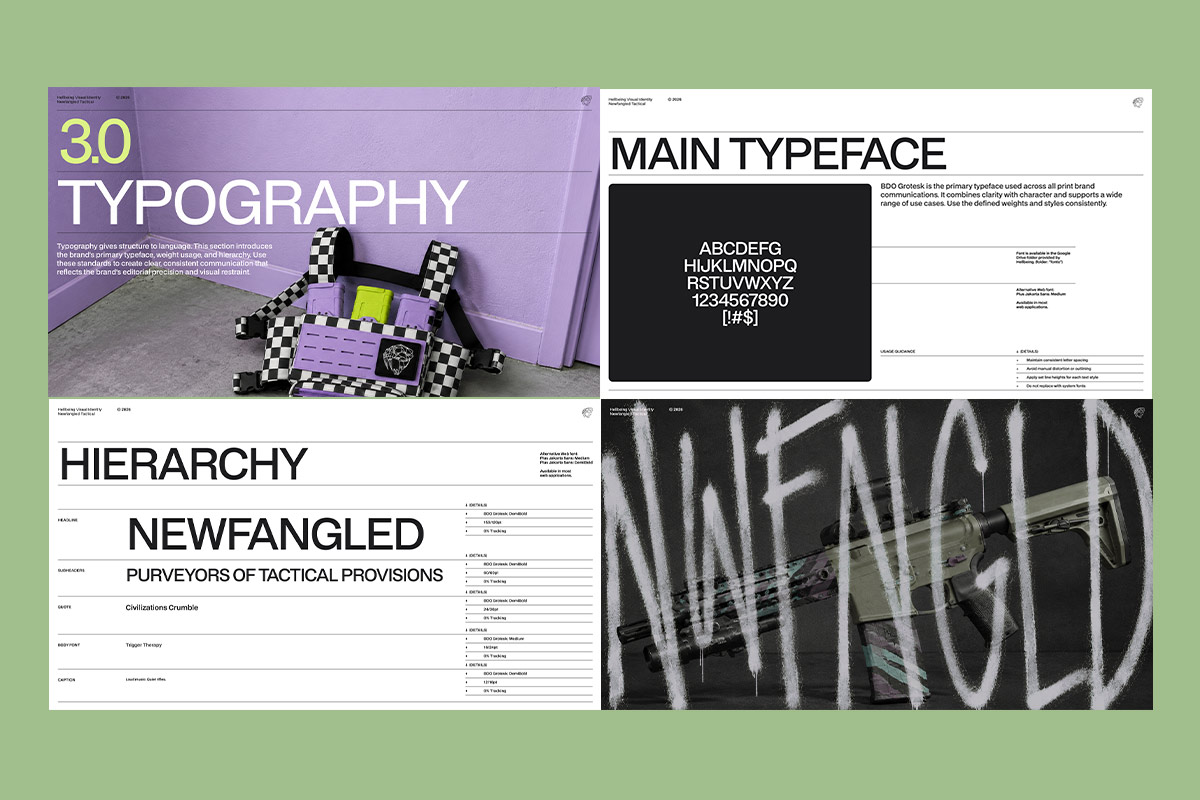 Brand guideline pages for typography — main typeface, type hierarchy, and a graffiti display sample.