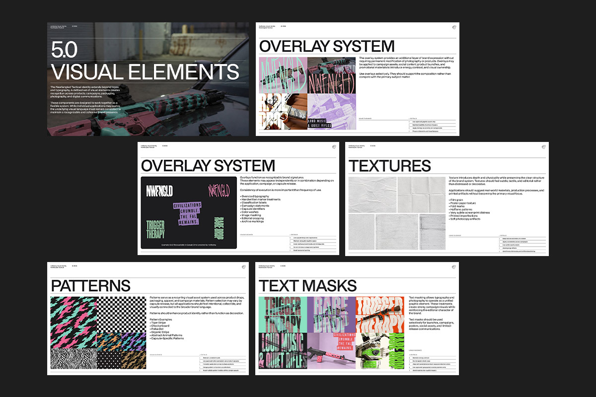 Brand guideline pages for visual elements — overlay system, textures, patterns, and text masks.