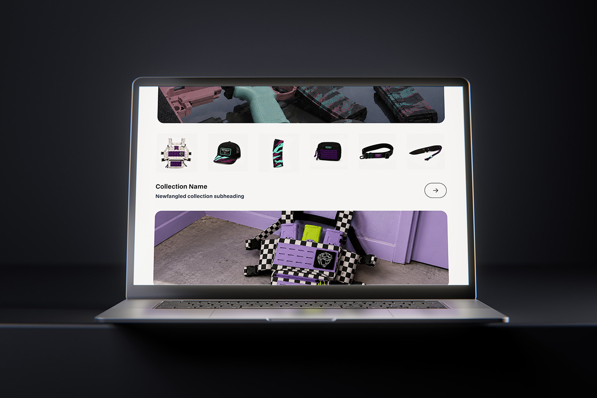 A laptop displaying the NWFNGLD e-commerce collection page with a row of product thumbnails.
