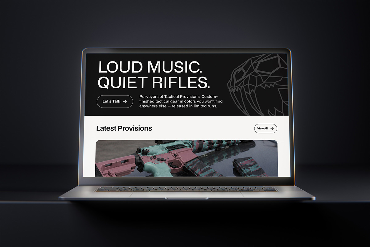 A laptop showing the NWFNGLD website hero reading "Loud Music. Quiet Rifles." above a "Latest Provisions" product section.