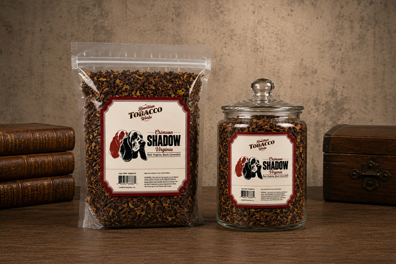 Rivertown Tobacco Works Crimson Shadow Pipe Tobacco Label Design by Hellbeing