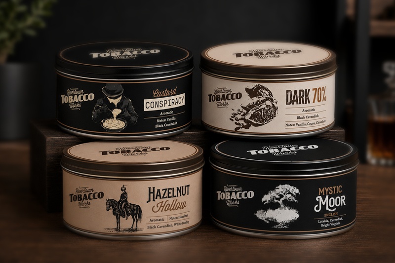 Rivertown Tobacco Works Pipe Tobacco tins, featuring Custard Conspiracy, Hazelnut Hollow, Dark 70, and Mystic Moor.