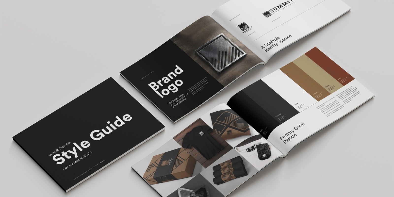 Summit Cigar Co. visual identity and style guide featuring logo system, color palette, brand applications, and design standards.