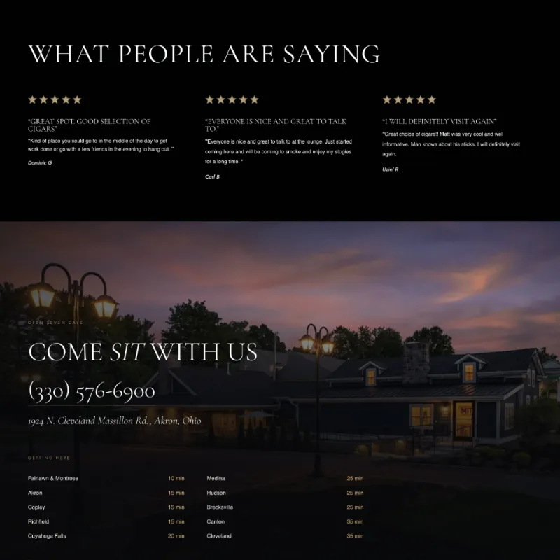 Summit Cigar Co. website design featuring customer reviews, location information, and contact details.