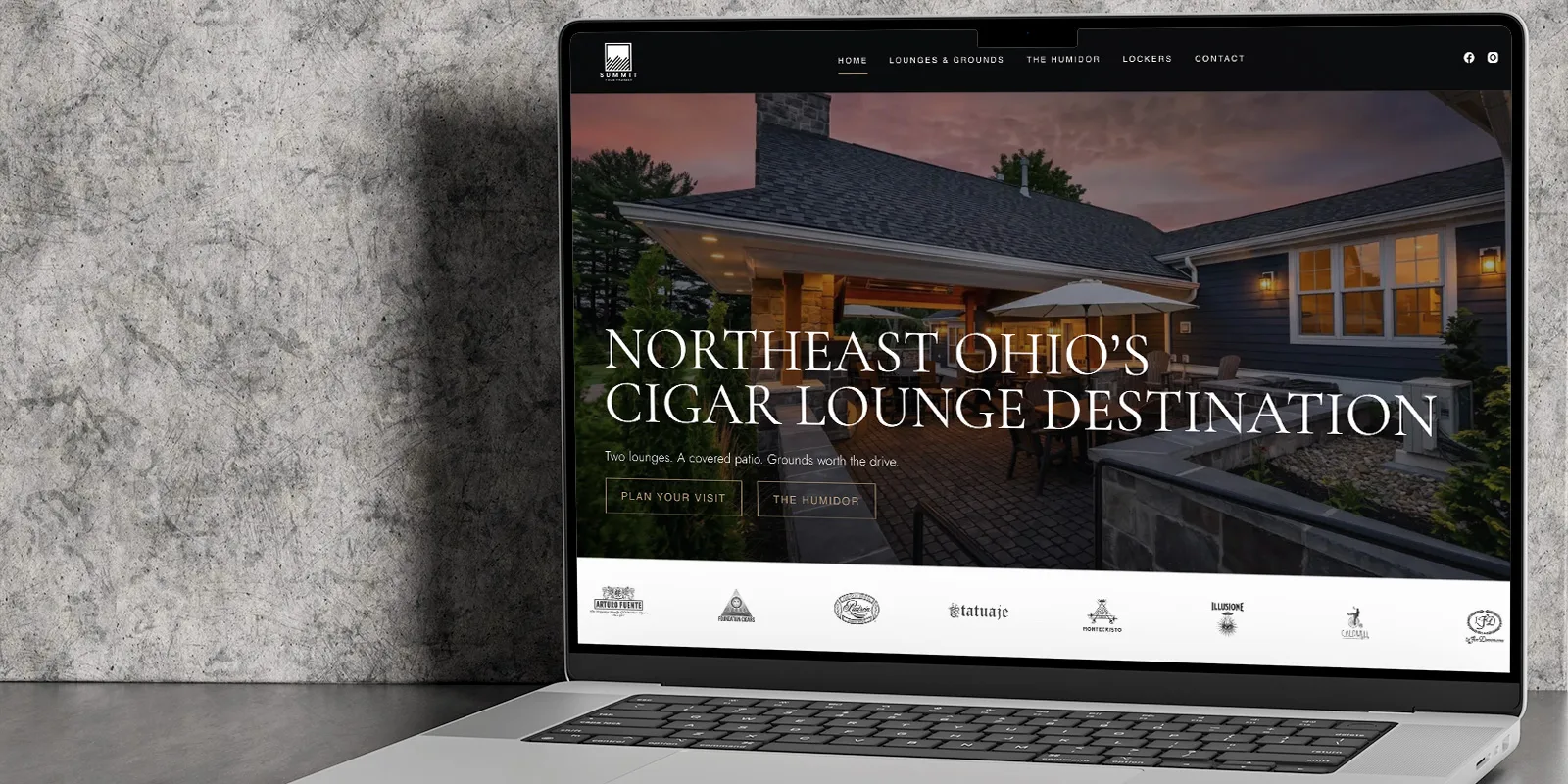 Summit Cigar Co. website homepage displayed on a laptop, featuring the Northeast Ohio cigar lounge and patio.