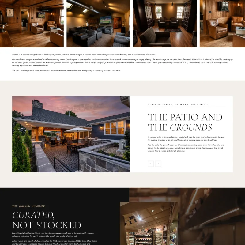 Summit Cigar Co. website design showcasing the outdoor patio, lounge spaces, grounds, and walk-in humidor.