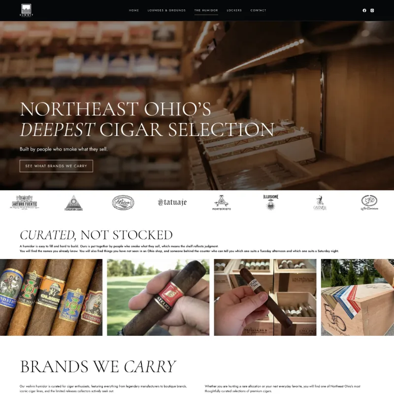 Summit Cigar Co. humidor page design showcasing the cigar selection and walk-in humidor in Bath, Ohio.