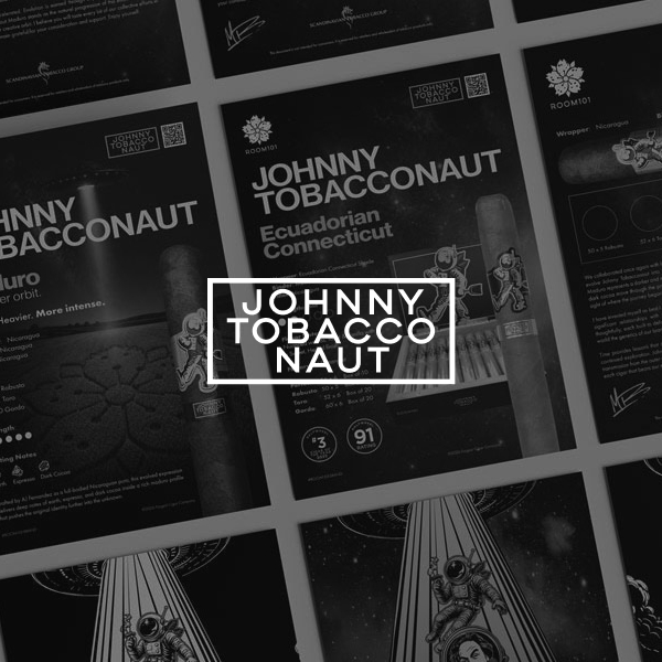 View Johnny Tobacconaut Cigars Creative work for packaging, sales enablement, POS, content creation, and sales and event programs by Hellbeing Creative Agency